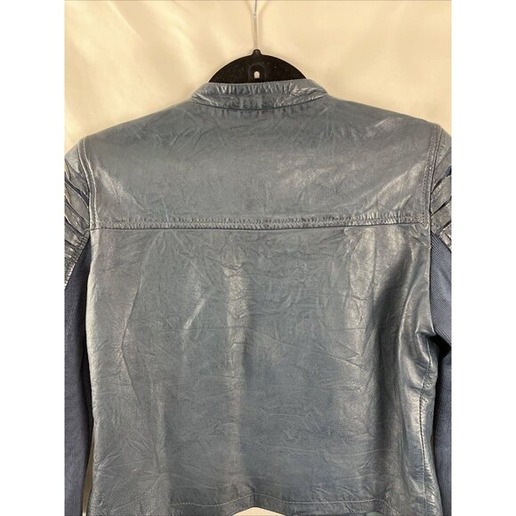 Bano eeMee Blue Leather Moto Jacket Womens Size XS/S - Picture 12 of 16